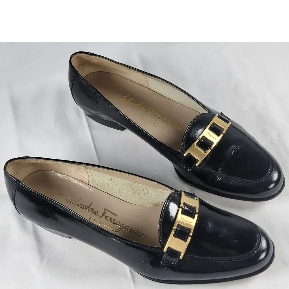 Vintage Salvatore Ferragamo Black Leather Gancini Loafers 5.5 Italy